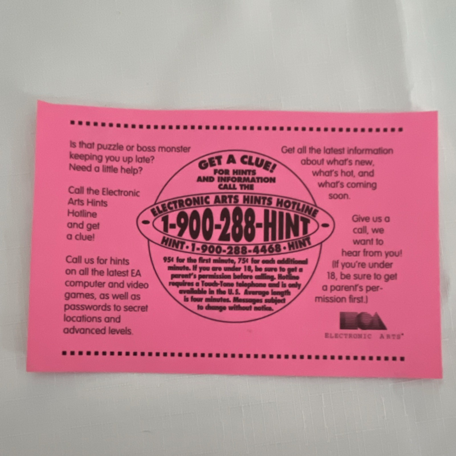 Electronic Arts Hotline Promo Insert Model 820370 Multi-Platform Original