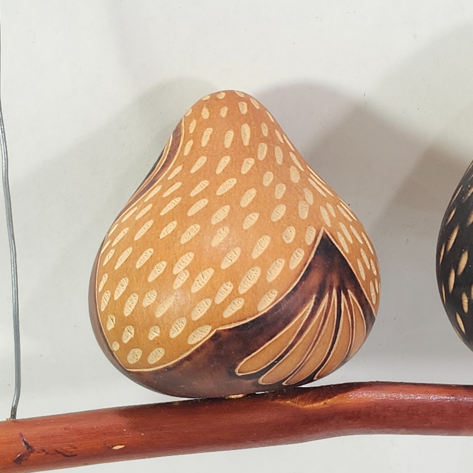 Peruvian Gourd Art Two Perched Owls Birds on Branch Hanging Decor Lucuma Peru