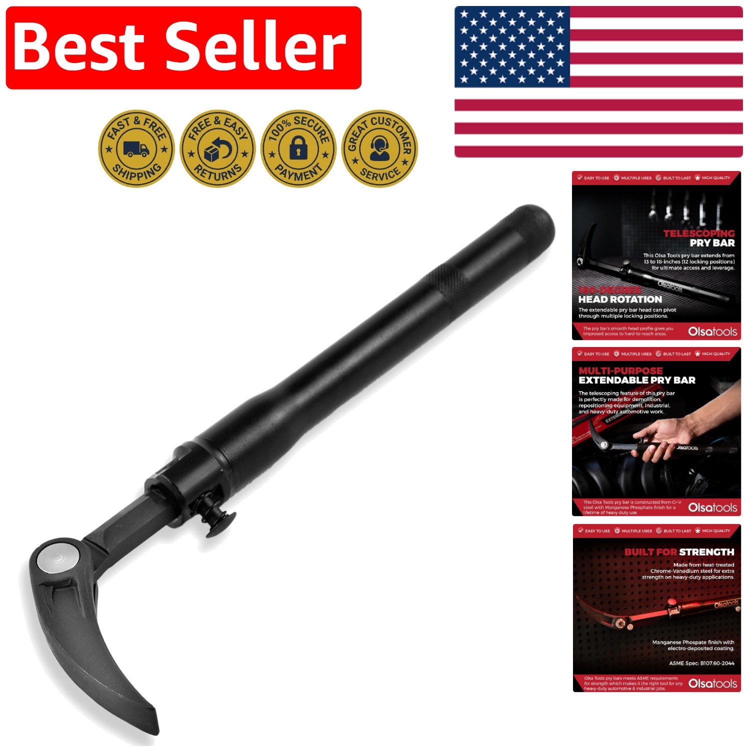 Heavy-Duty Adjustable Pry Bar - From 13.3" to 18.5" - Ideal for DIY Mechanics