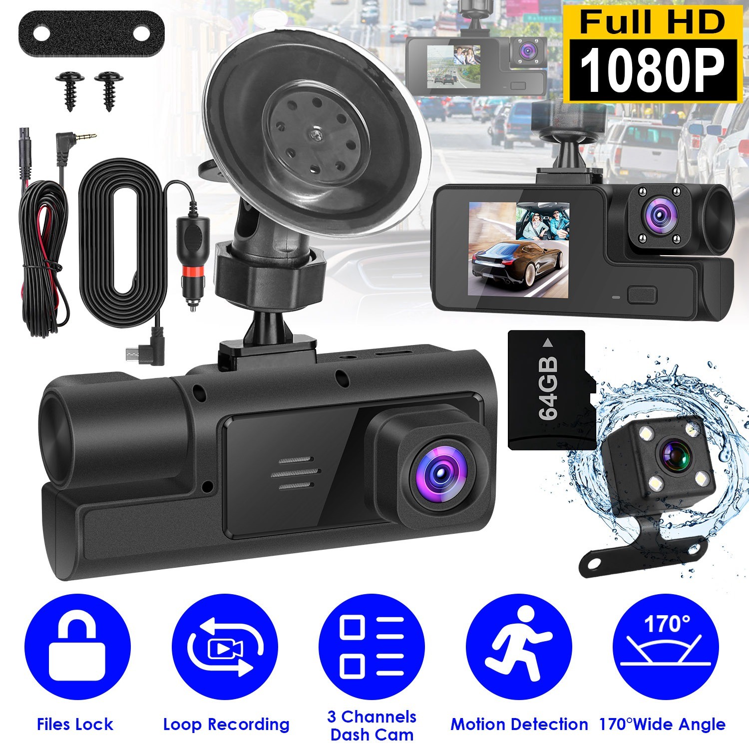 1080P HD Dash Cam WiFi Front Rear Inside Dash Camera Loop Recording Camera