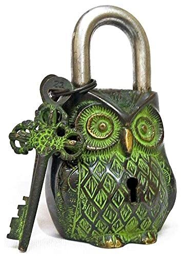 Handmade Brass Owl Lock Vintage Look with 2 Key and Decorative Use Green