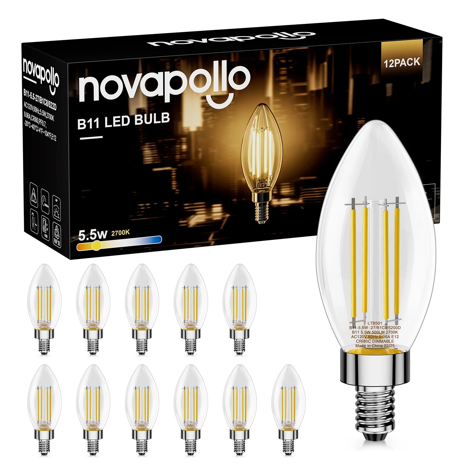 12 Pack Novapollo B11 Bullet Edison Bulbs 5.5W 500LM 2700K Dimmable E12 Base