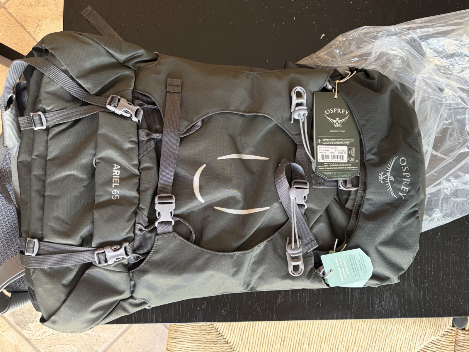 Osprey Ariel 65 Hiking Backpack 65L Black WX/S Nylon Hip Belt Ventilated Panel