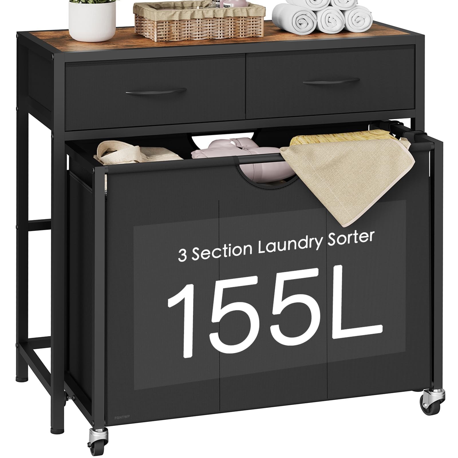 Laundry Sorter 3 Section with Tabletop & 2 Drawers, Rolling Laundry Hamper wi...