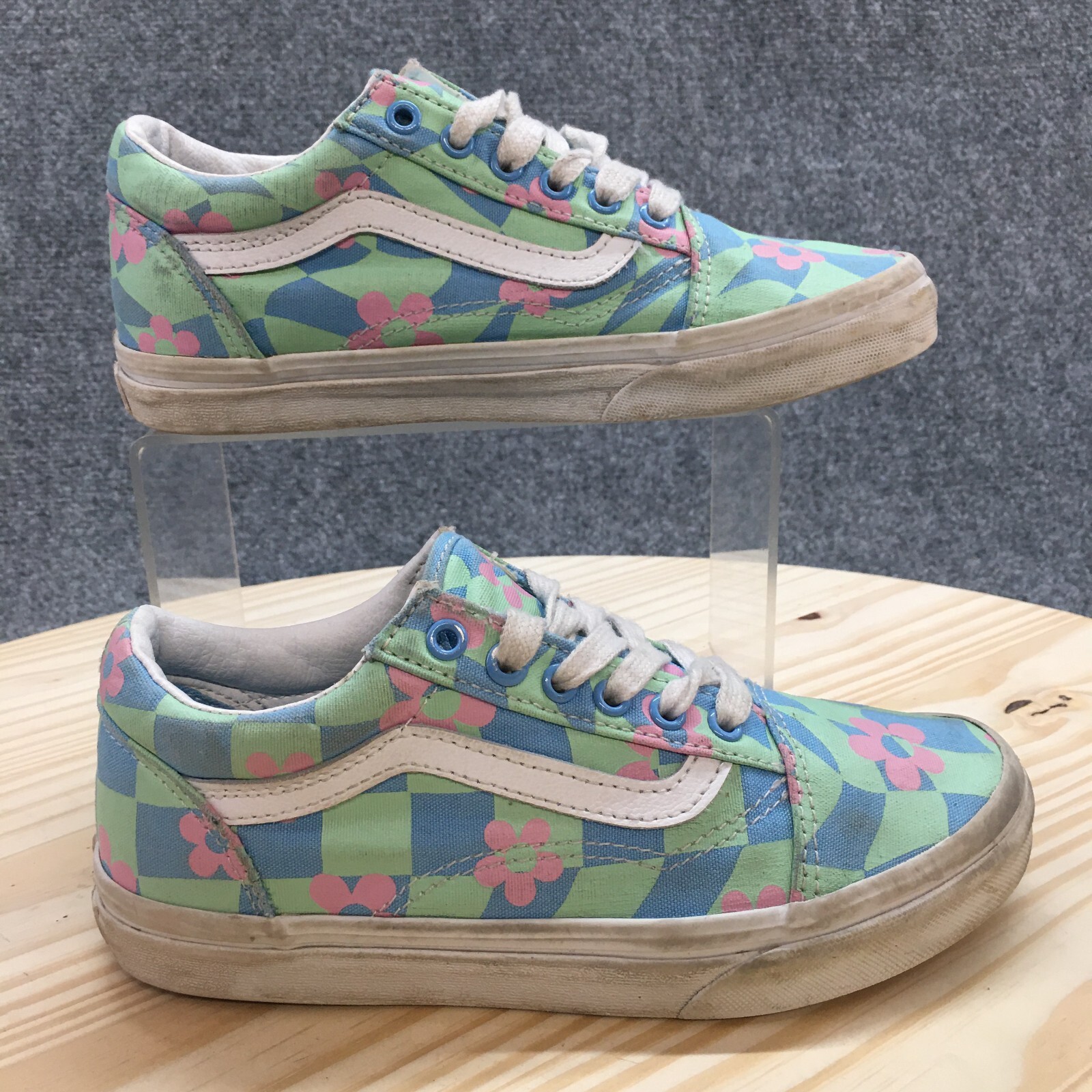 Vans Shoes Youth 3 Casual Sneakers Flats Blue Green Pink Fabric Lace Up Low Top