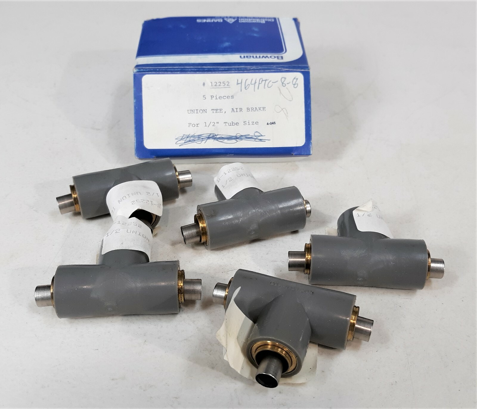 (BOX of 5) Bowman 12252 Union Tee, 1/2" Tube, Push Lock DOT Air Brake Fittings