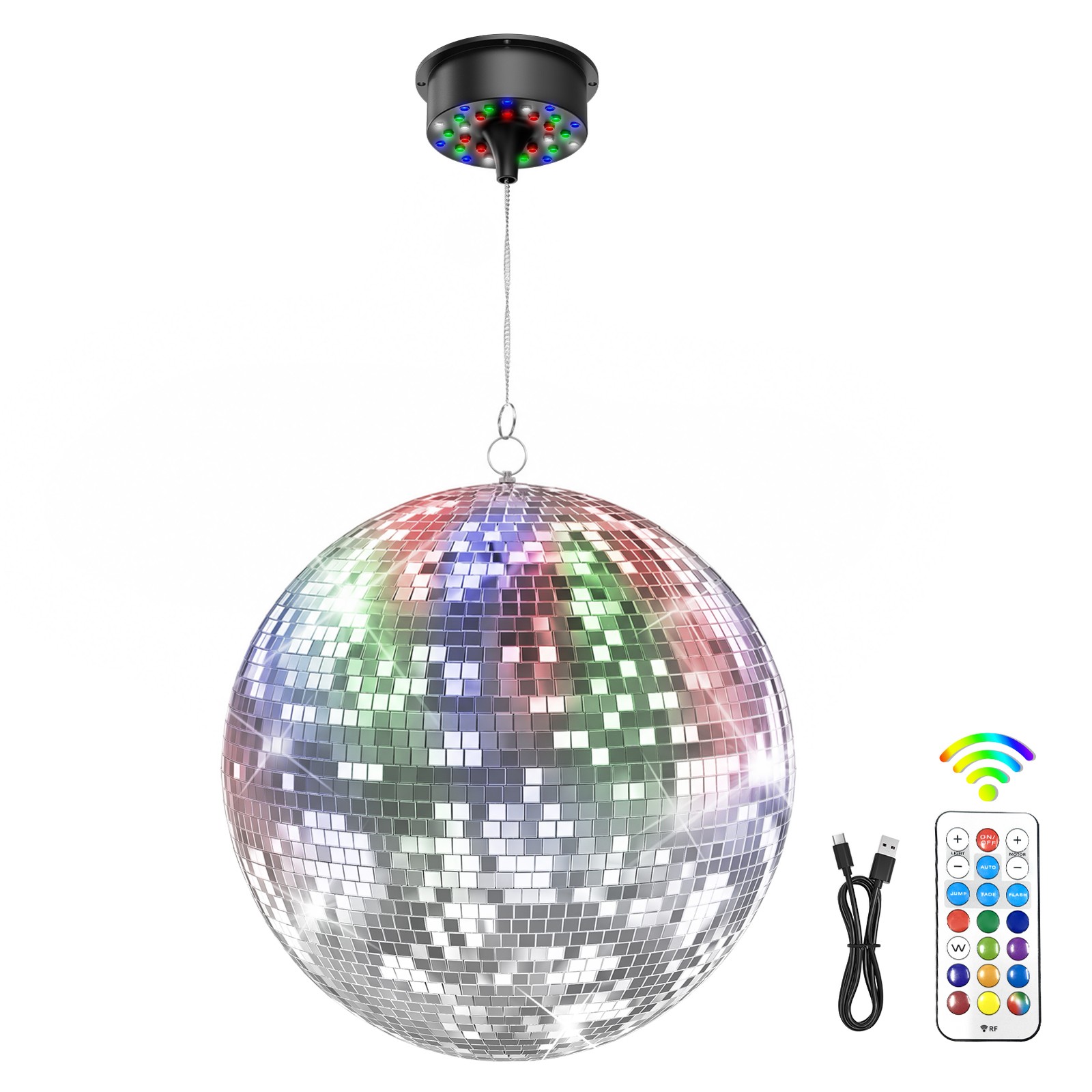 Large Disco Ball with Motor Rotating & 30 RGBW LED Lights 16" 20" For DJ Party