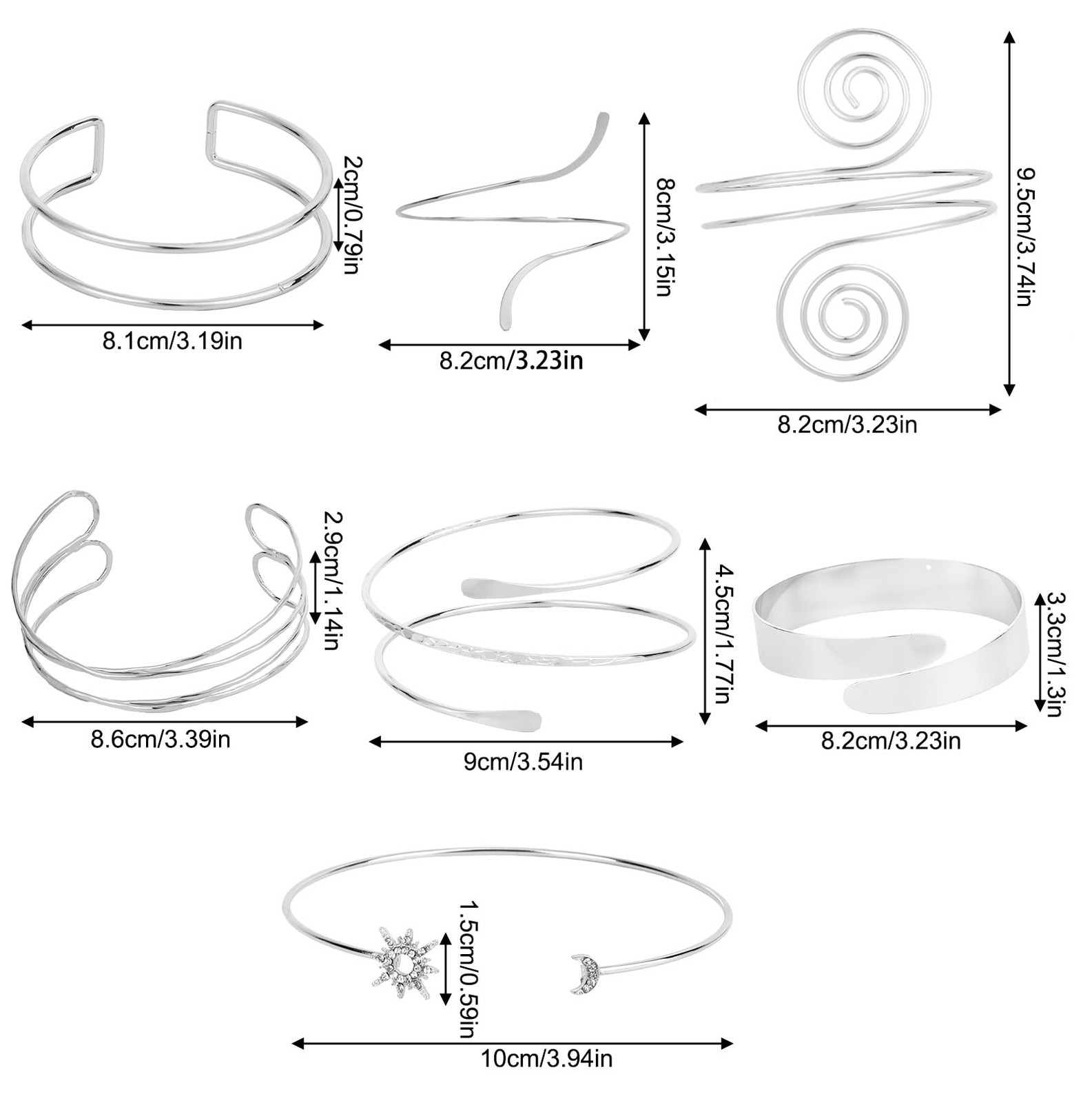 Mikovivi 7pcs Upper Arm Cuff Bracelet, Silver Adjustable Medium, silver
