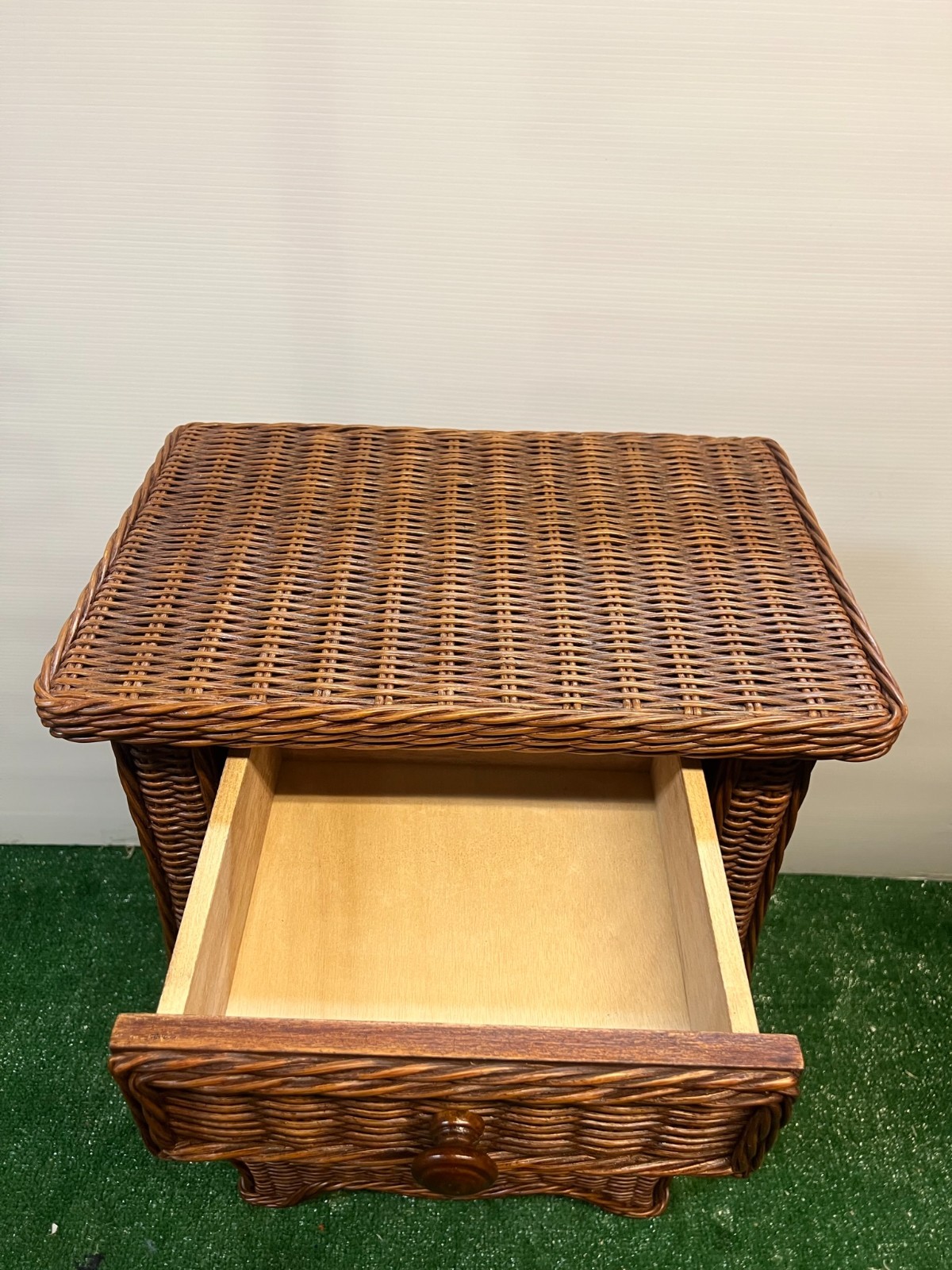 Vintage Wicker Table with Drawer - Dark Pecan, Antique Style, Pullout Shelf