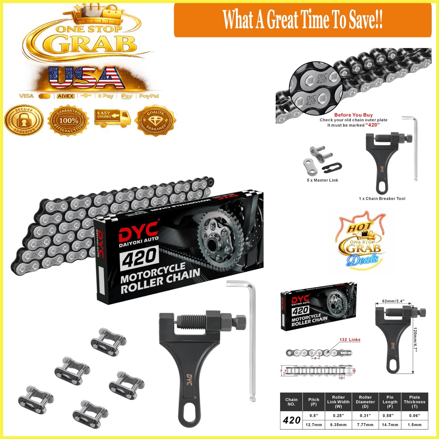 DYC 420 Chain Kit 132 Links with Master Links & Tool for Mini Bikes ATVs Go K...