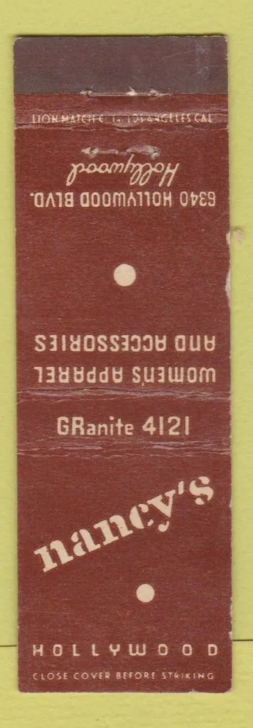 Matchbook Cover - Nancy's Hollywood CA  Midget