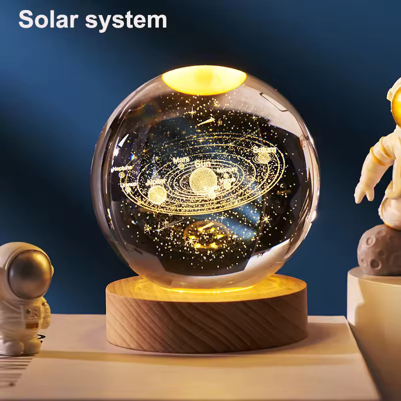 3D Crystal Ball Night Light Solar System Moon Astronaut LED Glass Globe