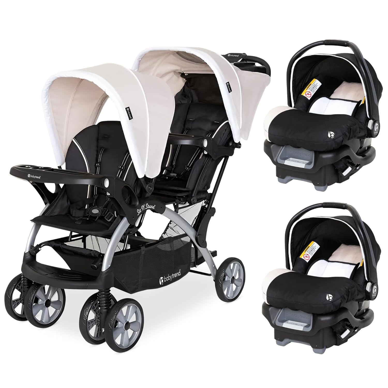 Khaki Infant & Toddler Double Stroller with 2 Car Seats - Lightweight Travel Set