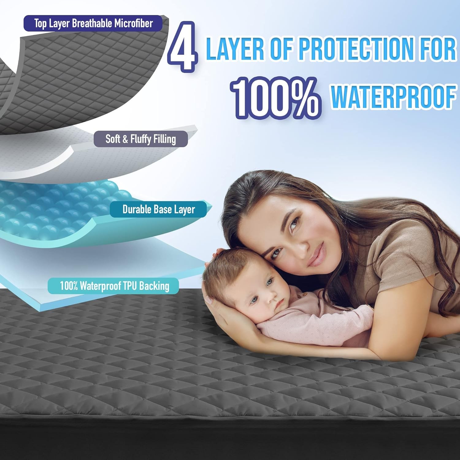 HYLEORY Queen Size Waterproof Mattress Pad Protector, Queen, Dark Grey