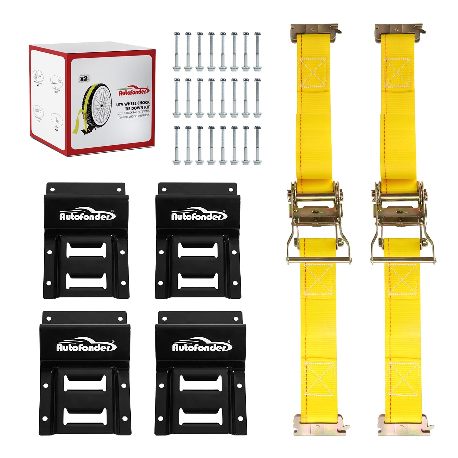 Autofonder Wheel Chock Tie Down Kit (4,500lb Break 2"x9’, Yellow-black