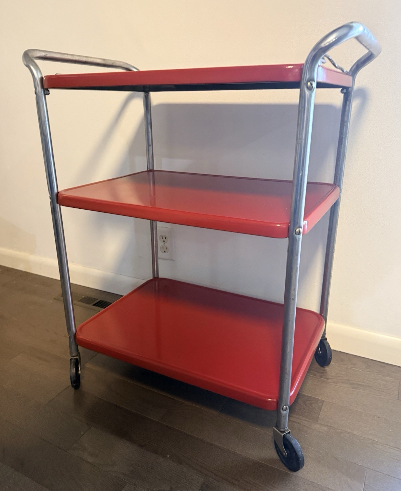 Vtg MCM Metal 3 Tier Metal Rolling Kitchen Cart Red & Removable Carrying Tray