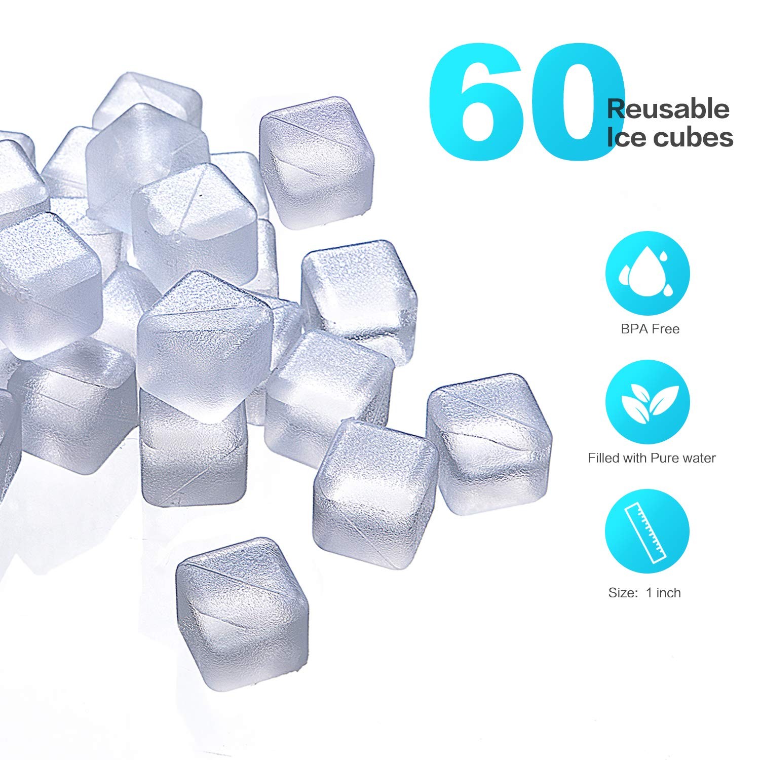 60 Pcs Reuable Ice Cubes White Clear Plastic Cube to Keep 0.98”,