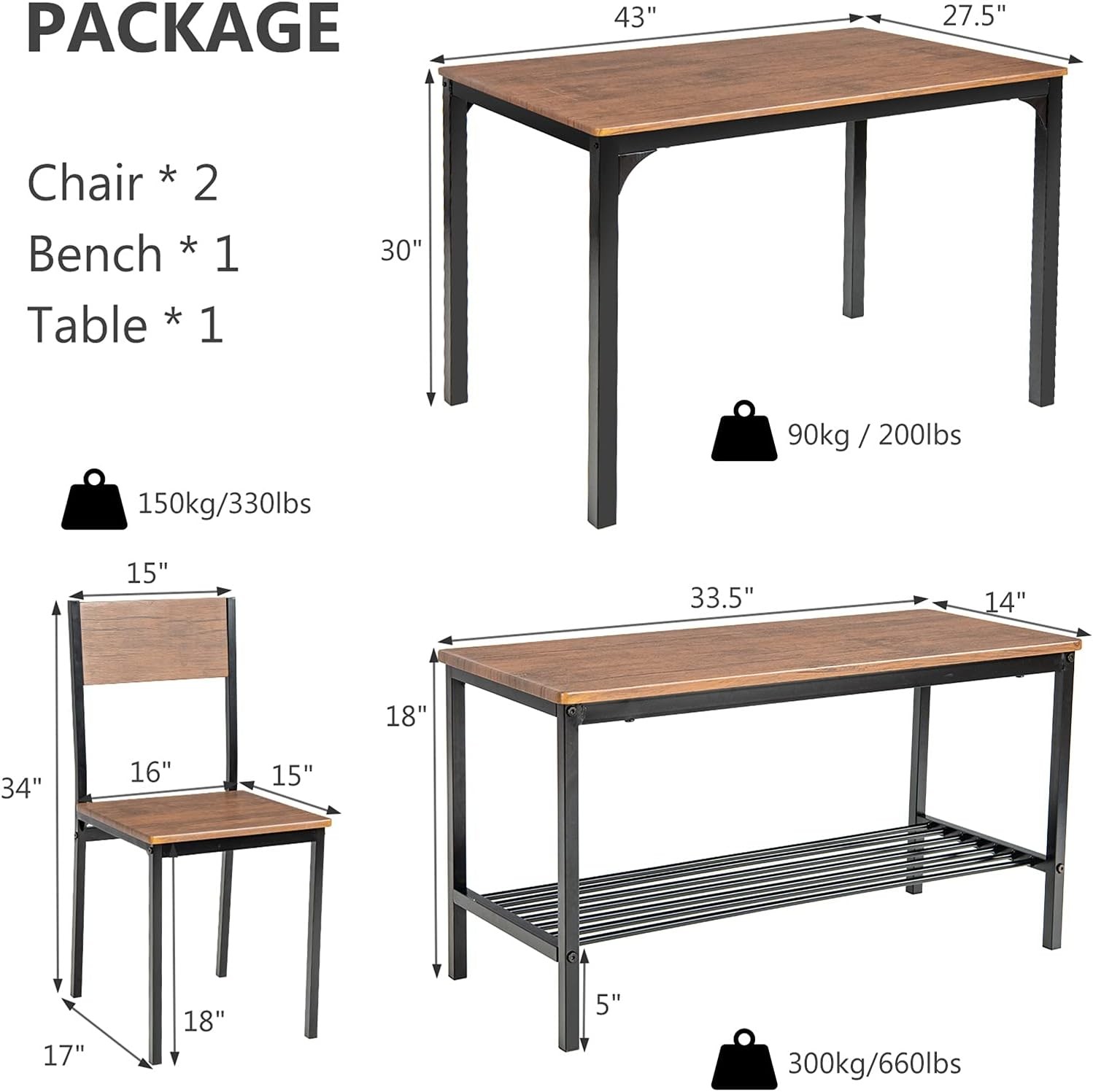 Dining Table Set 4 43" Kitchen Table & Chairs Dining Bench W/ Metal Frame &