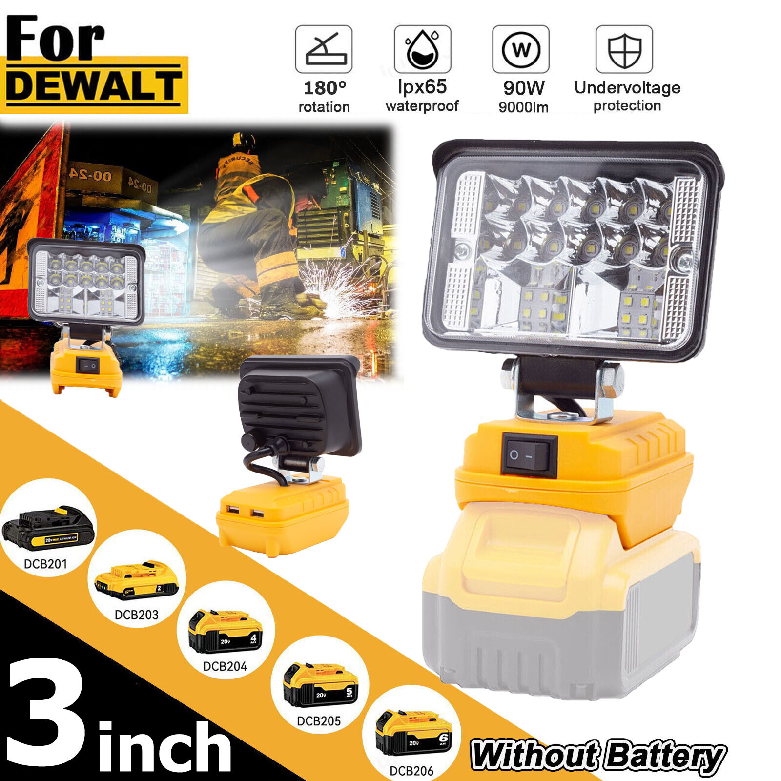 LED Work Light for Dewalt 20V Battery 90W Flood Light Torch for Workshop Camping