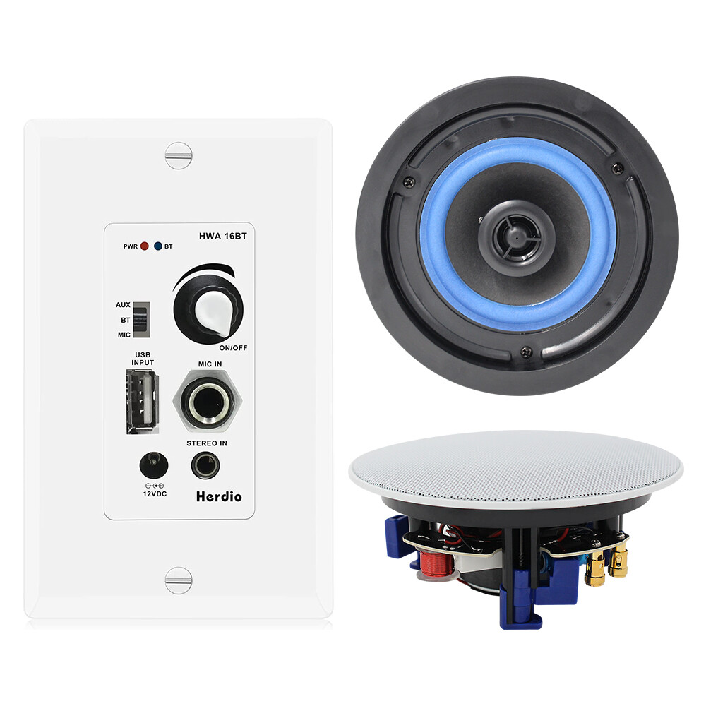 Herdio 4" Flush Ceiling Speakers +4 Channel In Wall Bluetooth Amplifier Receiver