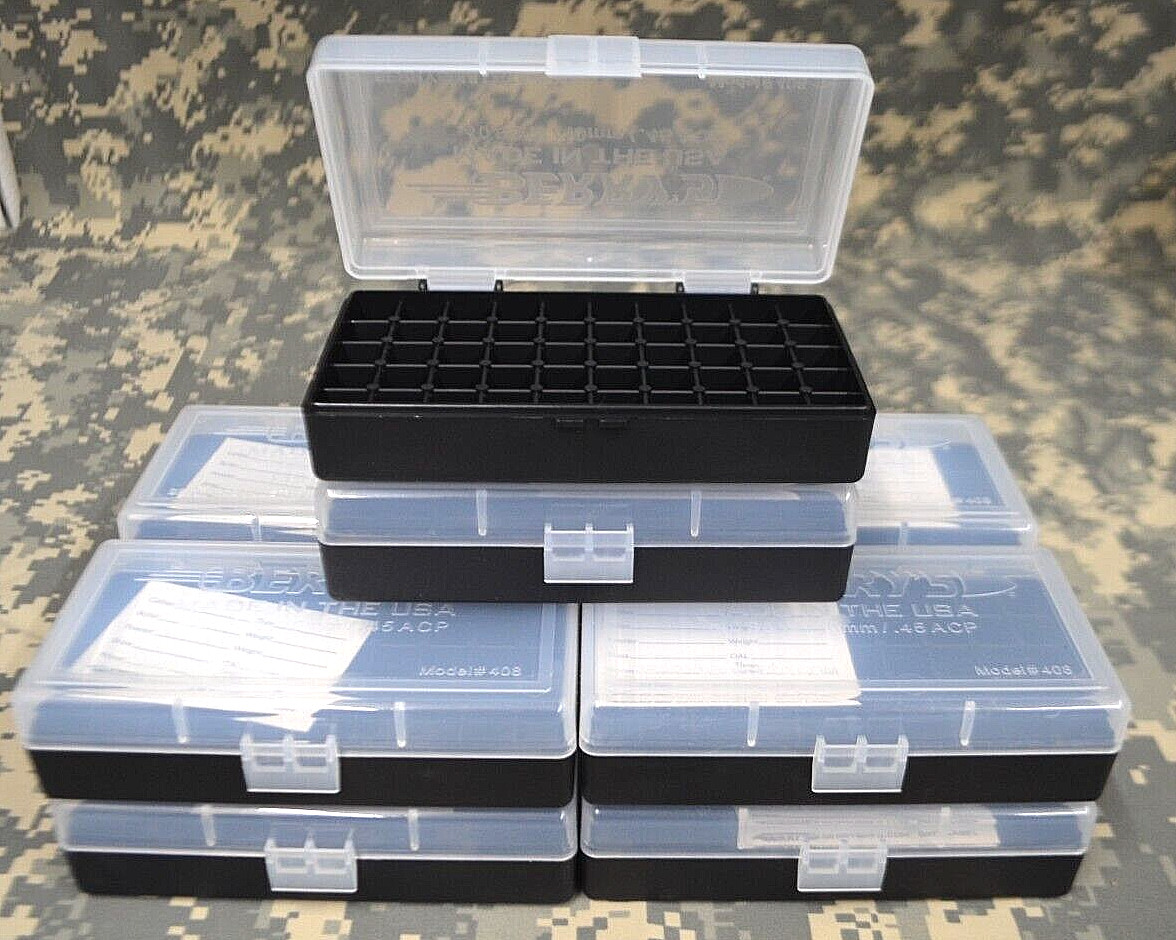 10 x BERRY'S PLASTIC STORAGE AMMO BOX CLEAR COLOR 45 ACP / 40 S&W 50 rd