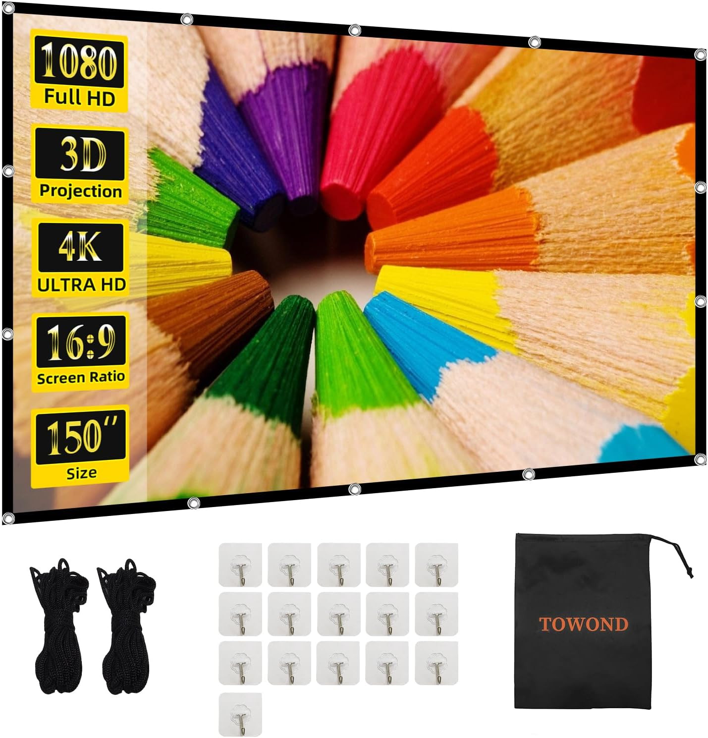 Projector Screen TOWOND 150 Inch Projection Screen Indoor Outdoor Washable Anti-