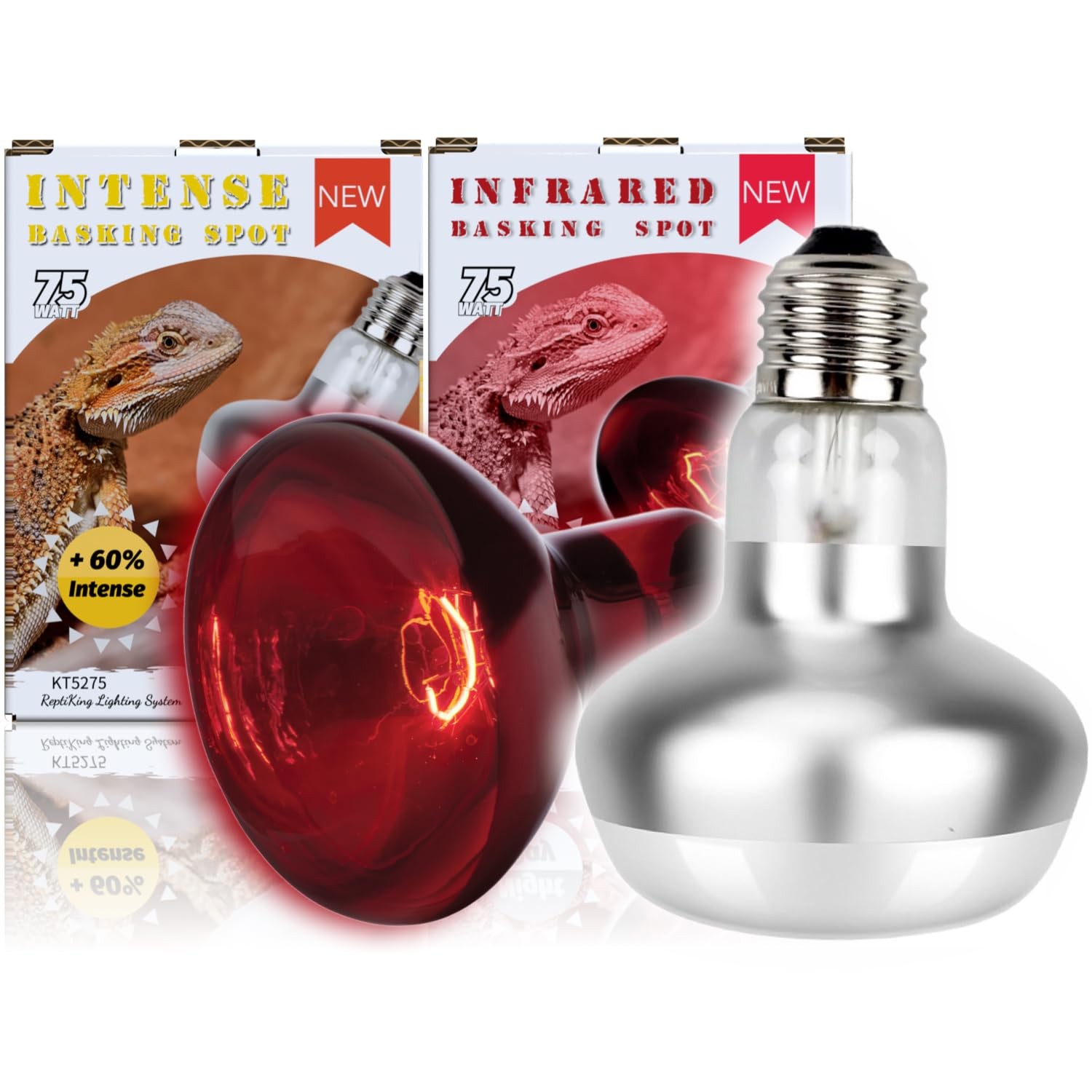 ReptiKing Reptile Heat Lamp, 2 Pack 75W Intense and Infrared 75 Watts, White