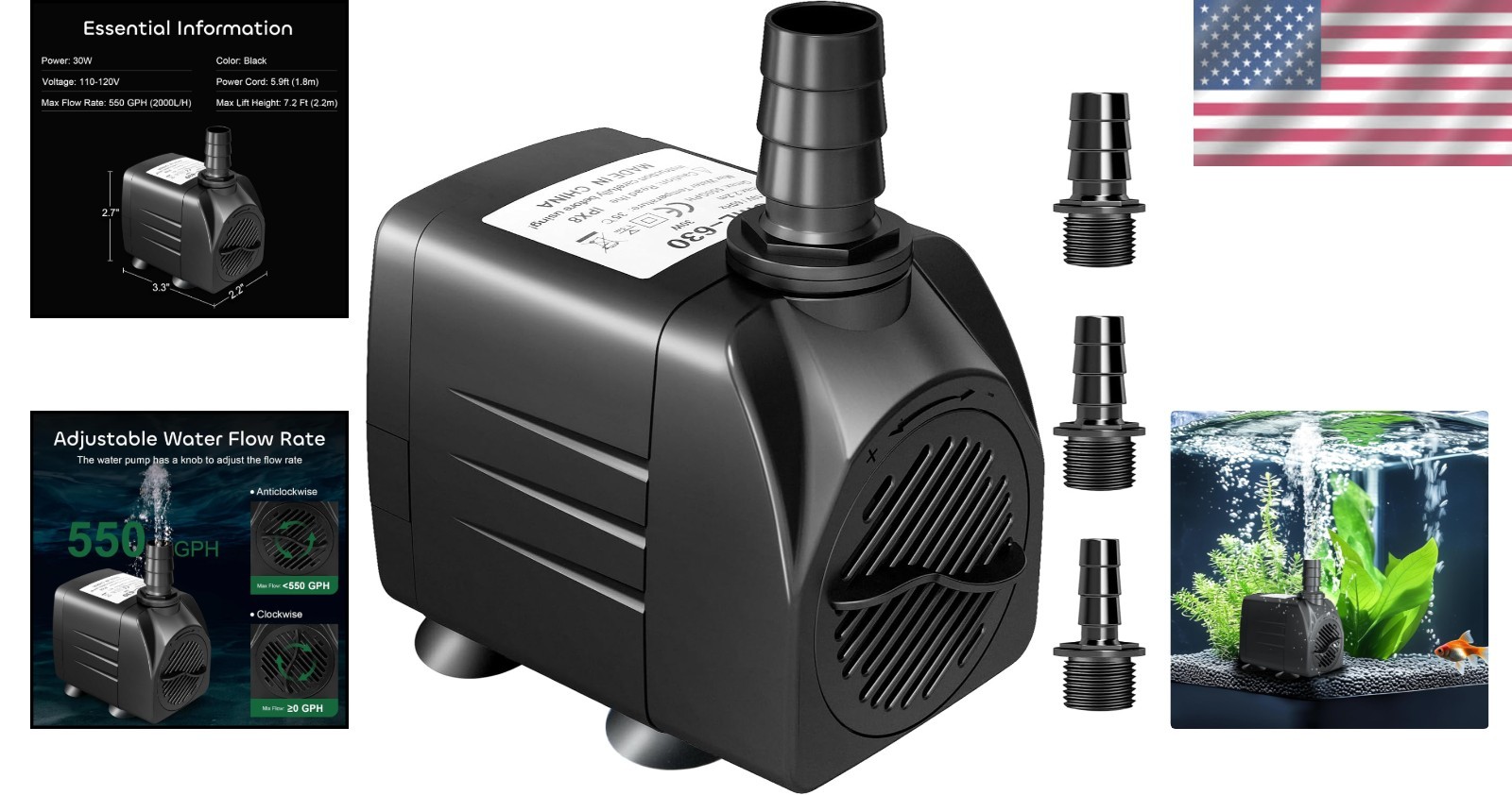 Multi-Functional 550GPH Submersible Pump - Ideal for Aquariums & Water Features