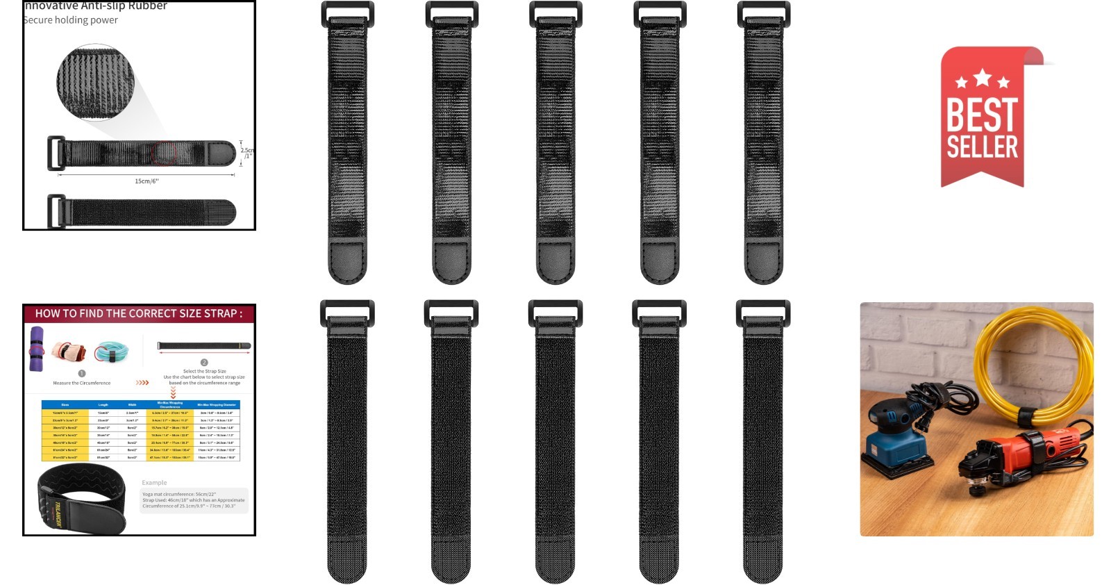 Versatile 10 Pack 6'' x 1'' Elastic Hook and Loop Straps with Anti-Slip Design
