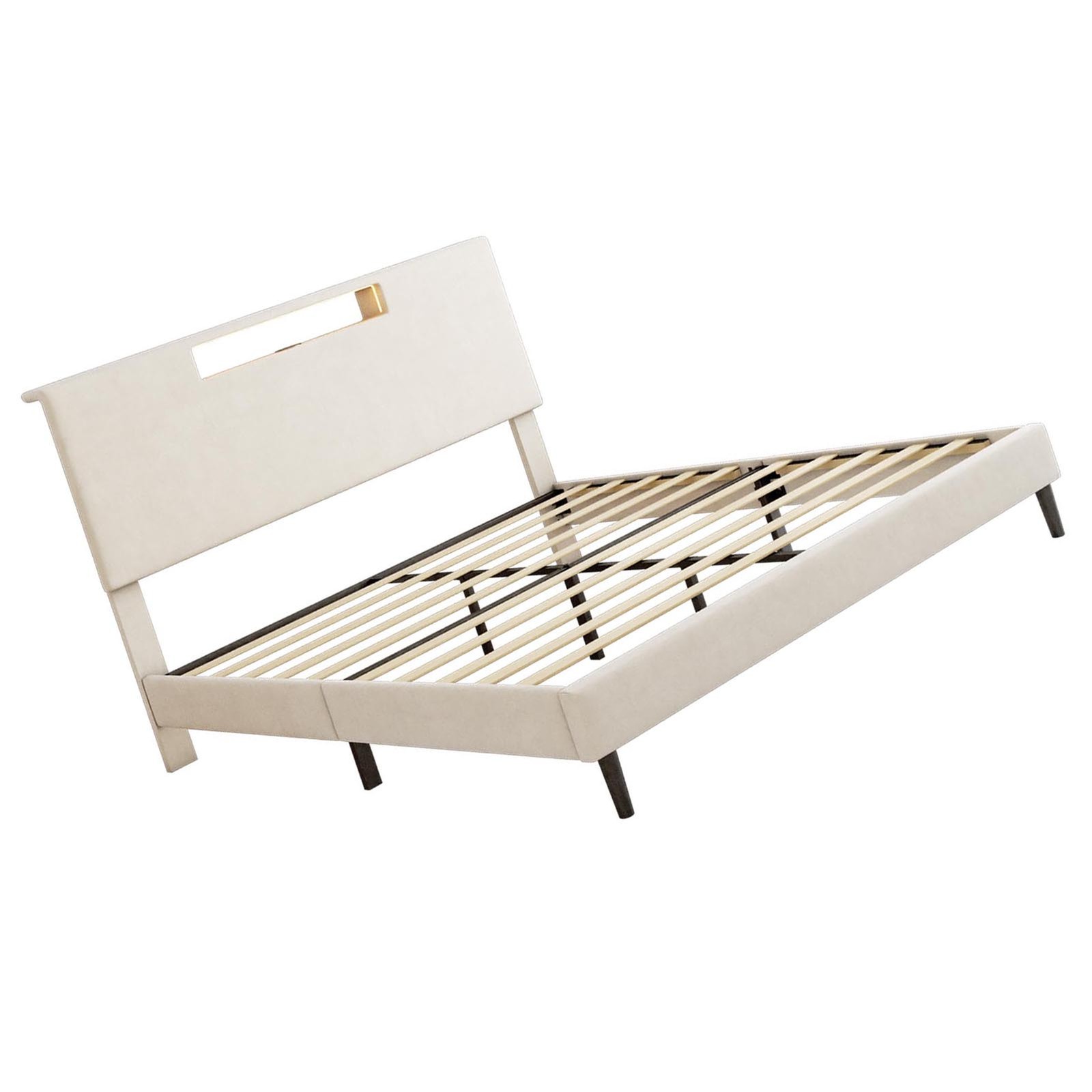 Upholstered Platform Bed Large Size Frame With LED Light And Charging Function