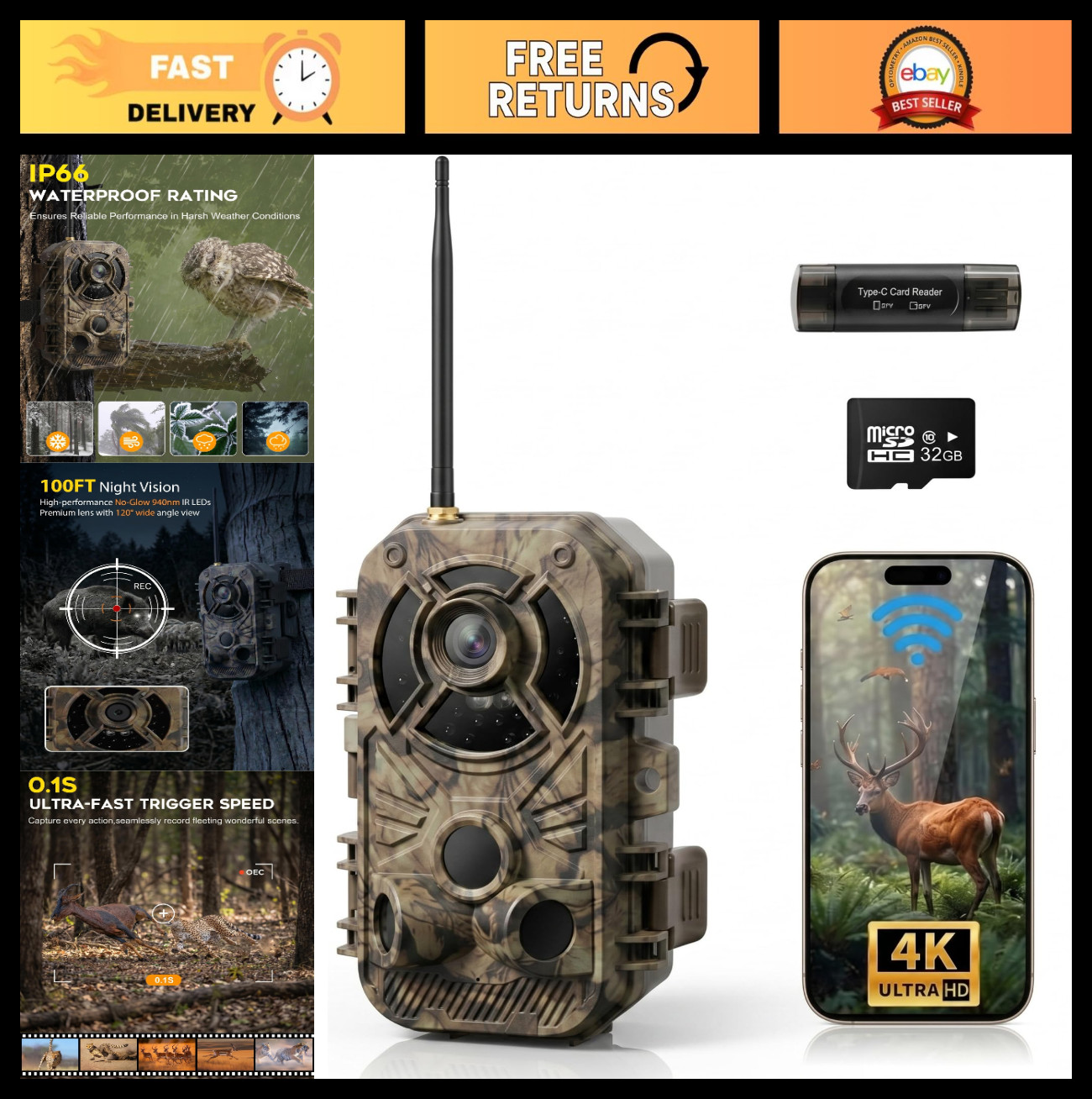 4K 48MP WiFi Trail Camera, Night Vision Wildlife Game Camera, 0.1s Trigger, IP66