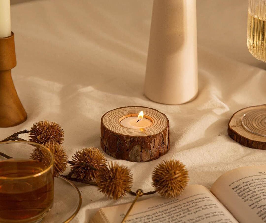 Lawei 20 Pack Wooden Tealight Candle Holder, Wood Votive Natural