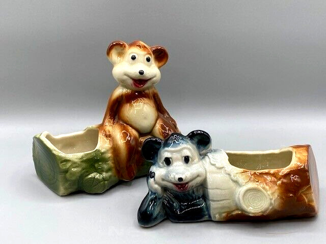 Set of 2 Vintage Planters 1950s American Bisque Whimsical Bears in Logs Kitsch