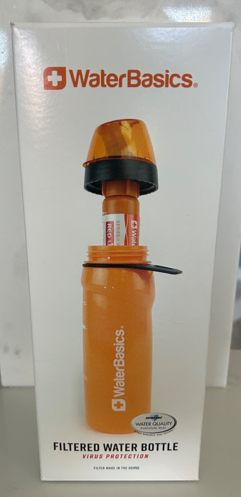 Water Basics Filtered Water Bottle 22 oz. W/RED Line Series 2 Filter Orange
