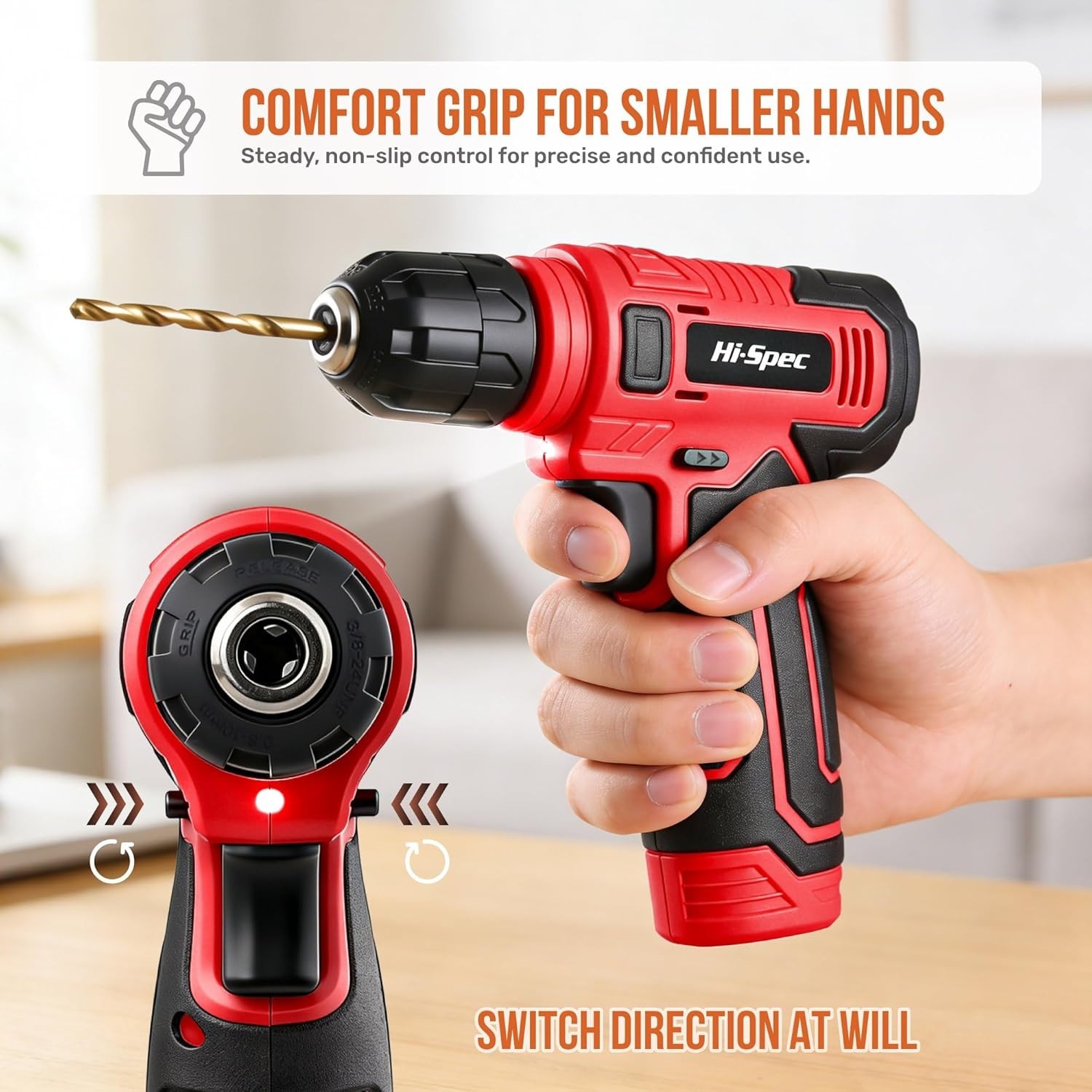 Hi-Spec 8V USB Cordless Drill Driver Kit w/ Drill & Screwdriver Bits Red