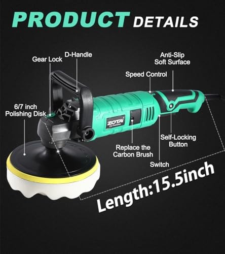 Buffer Polisher, 1600W 7 Inch/6 Inch Pure Copper Motor Car Buffers and Green