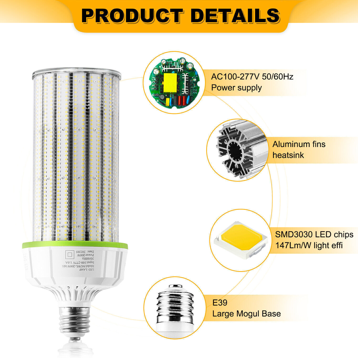 6Pcs 200W LED Corn Light Bulb E39 Mogul Base Replace 1000W MH HPS Warehouse Lamp