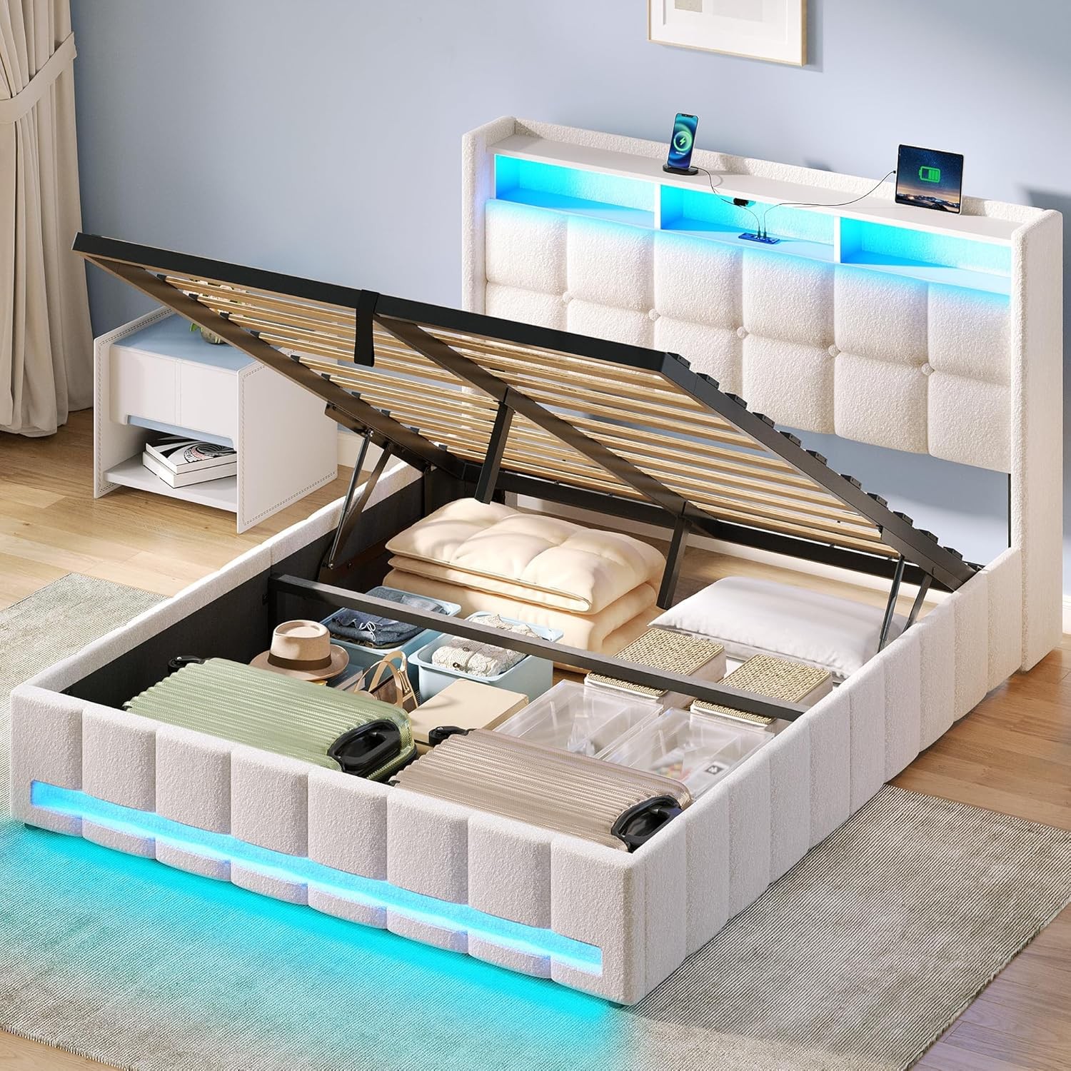 Rolanstar Full Size Bed Frame Lift Up Storage LED Lights