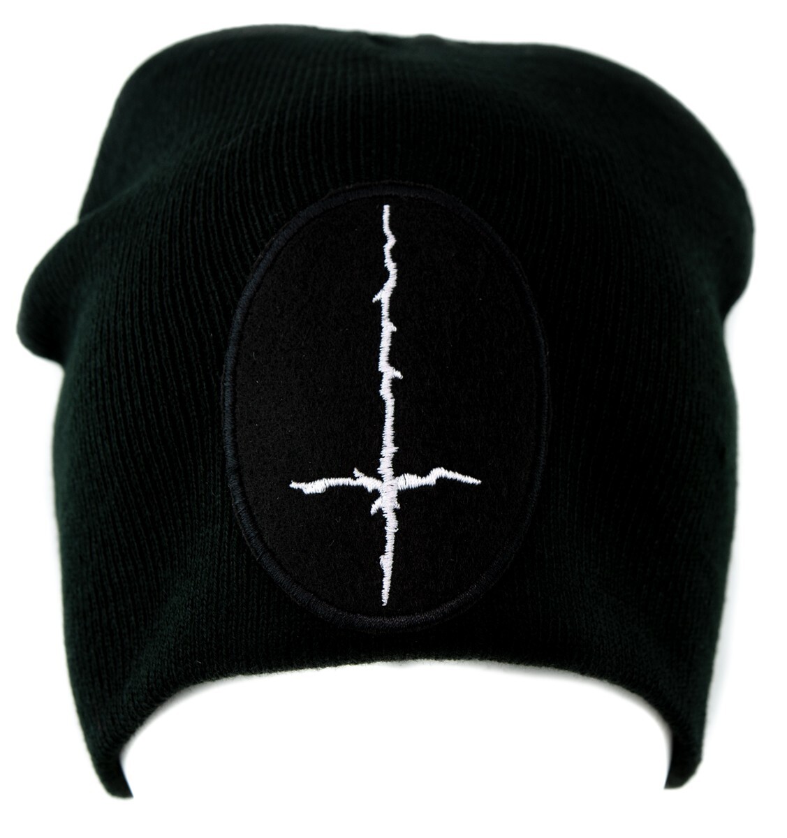 Black & White Jagged Inverted Cross Beanie Knit Cap Hat Metal Occult Satanic Emo