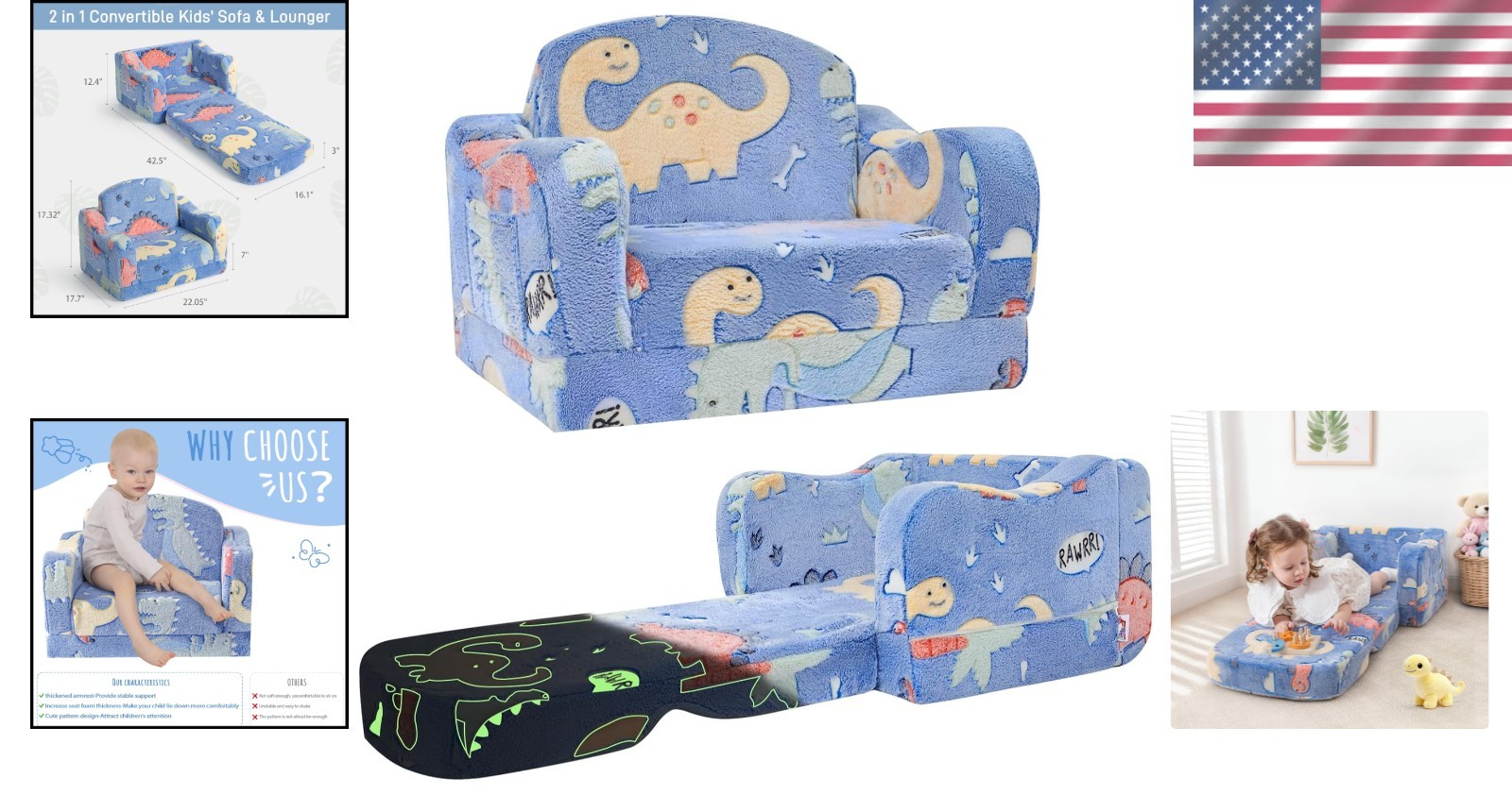 Convertible Plush Toddler Couch with Dinosaur Theme - Ideal for Relaxing & Play