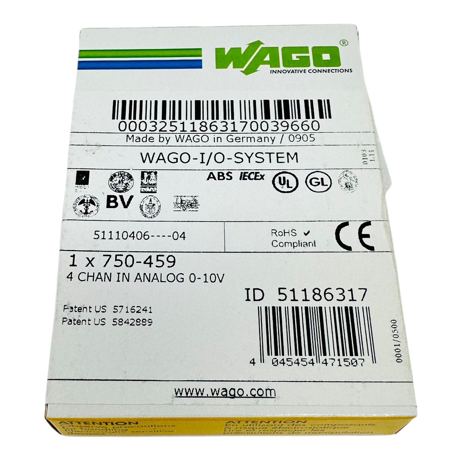 WAGO 750-459 INPUT MODULE ANALOG 4 CHANNEL 10 VDC NEW/NOS IN FACT SEALED BOX
