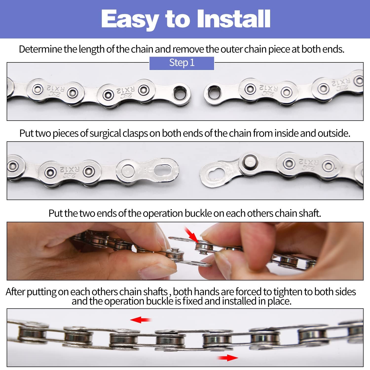 Easy Install Single Speed Bike Chain - Rust-Resistant 114 Links - Silver Finish