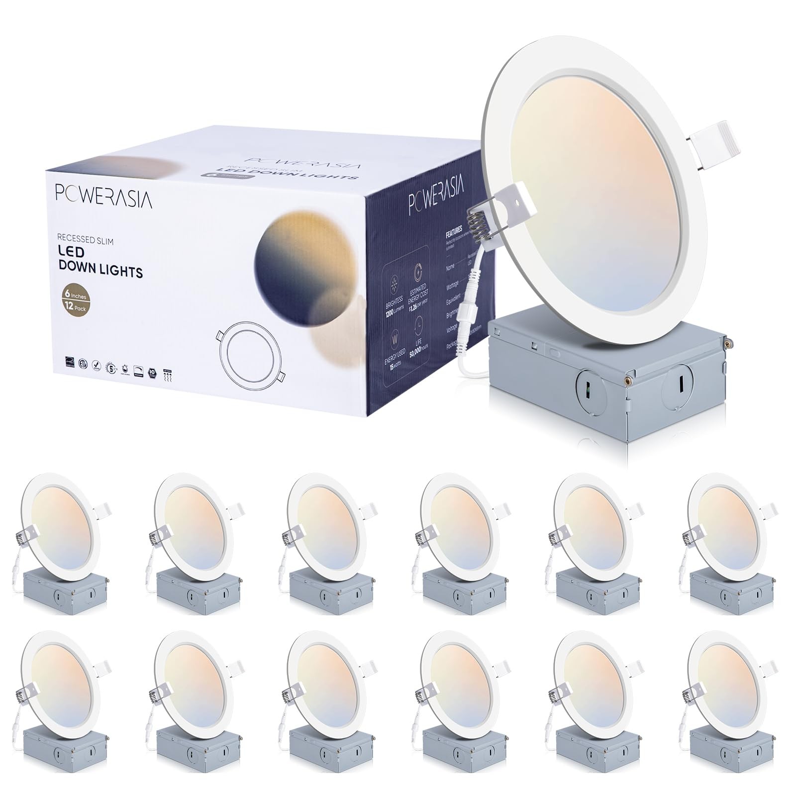 POWERASIA 6 Inch 12 Pack LED Recessed Light 15W Dimmable