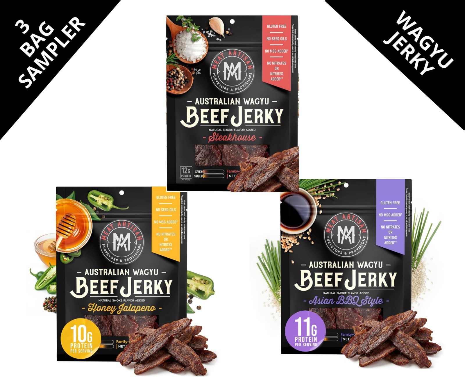 3 BAG VARITY SAMPLER  COMBO LOT AUSTRALIAN WAGYU BEEF JERKY STEAK SPICY HOT 3 PK