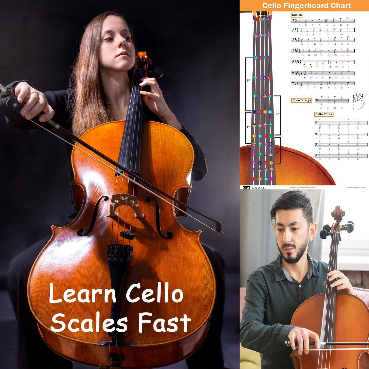 QMG Cello Fingering Chart with Color-Coded Notes, Scales 11x17, Silver