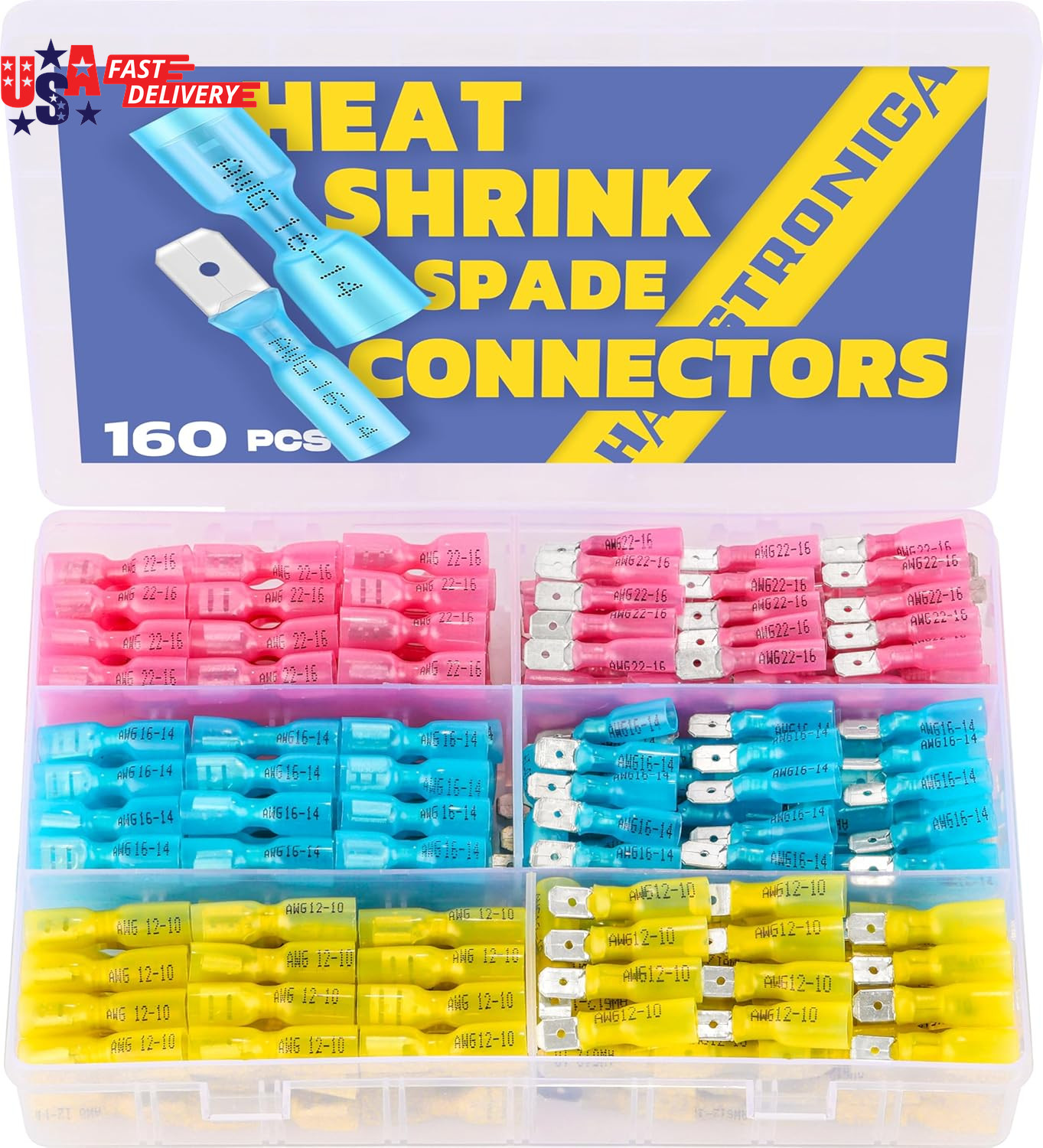 160Pcs Heat Shrink Spade Connectors,Awg 22-10 Female and Male Wire Connectors,Qu