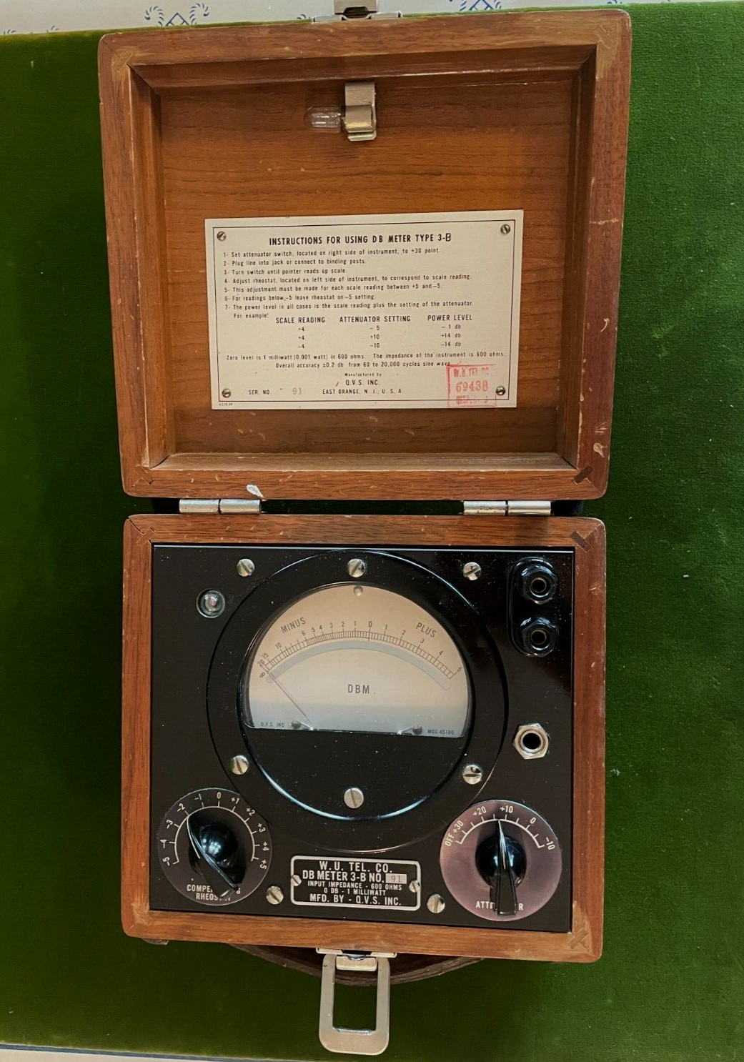 Vintage Western Union DB Meter Model 3-B With Rheostat Original Wooden Case