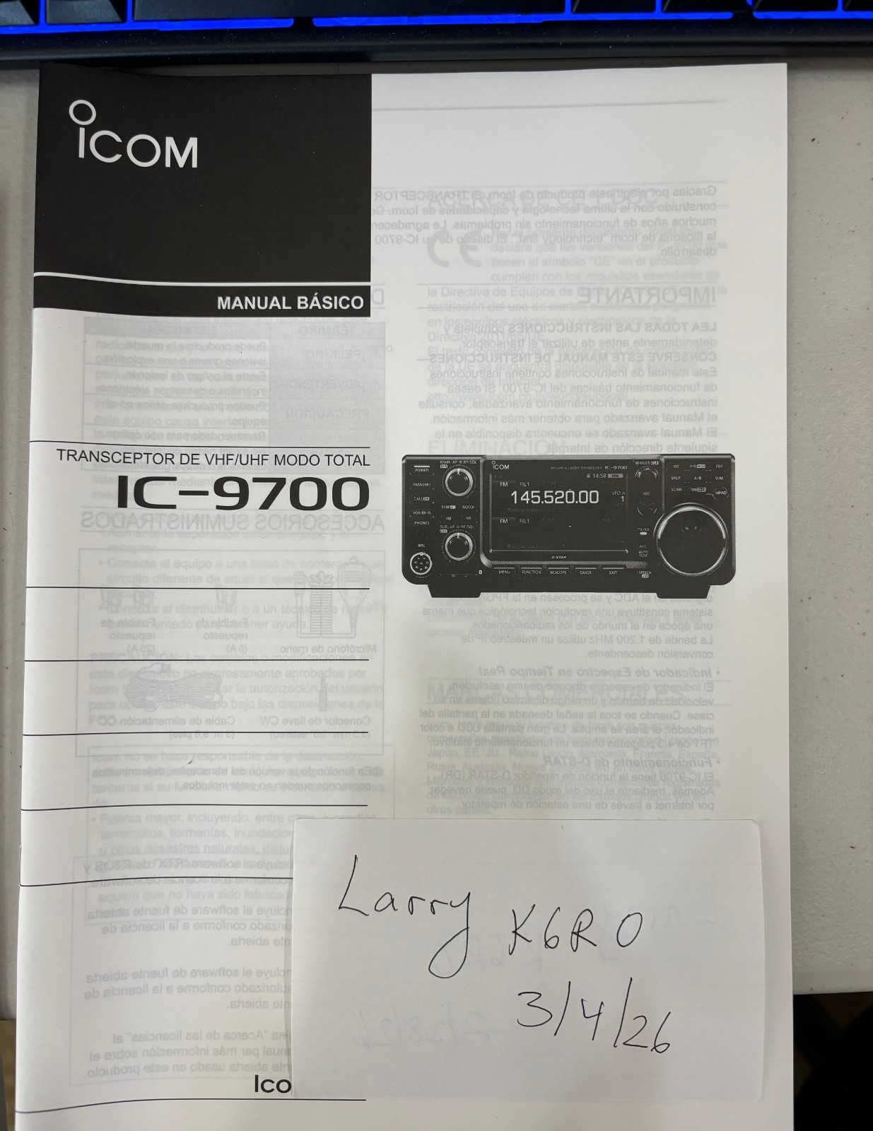 Icom IC-9700 Original Owner's Manual in Spanish - Manual Basico - New