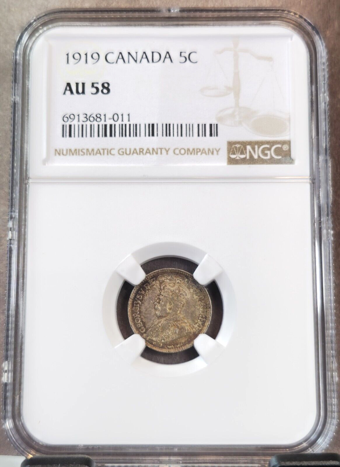 1919 CANADA SILVER 5 CENTS 5C KING GEORGE V NGC AU 58 NICE COIN