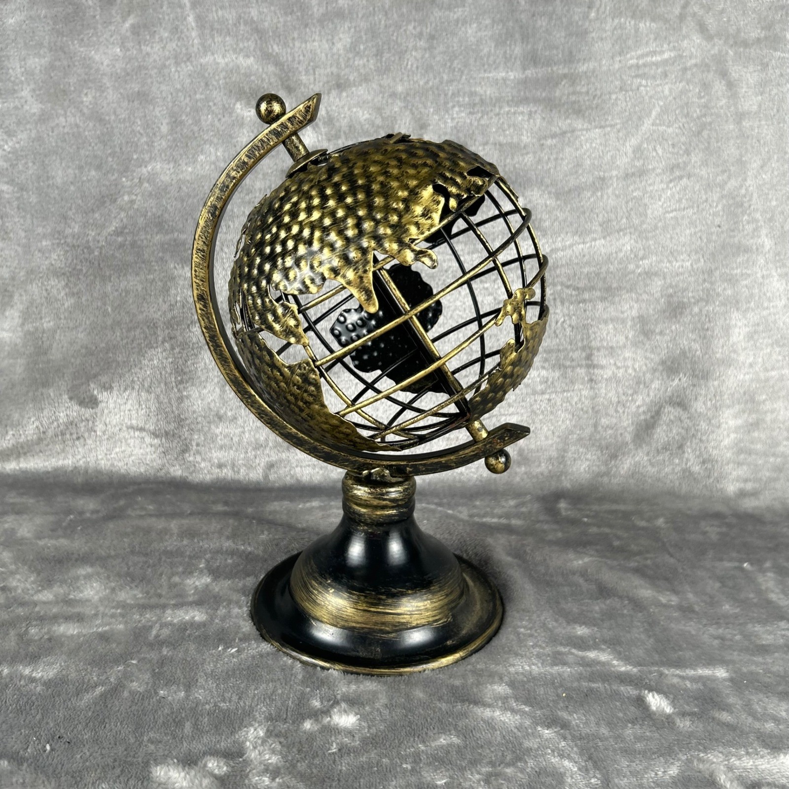 Vintage Style Metal Wire Globe Sculpture Gold Black Industrial Desk Decor 10"